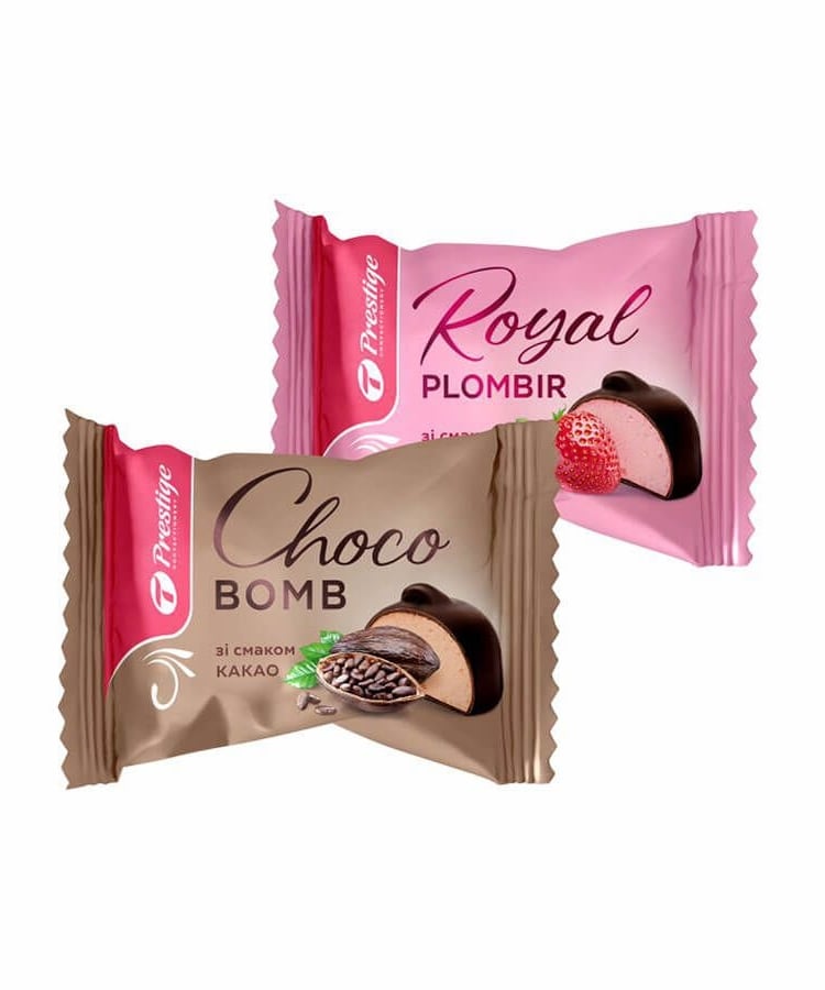 Цукерки Асорті Royal plombir Choco bomb зі смаком полуниці та какао